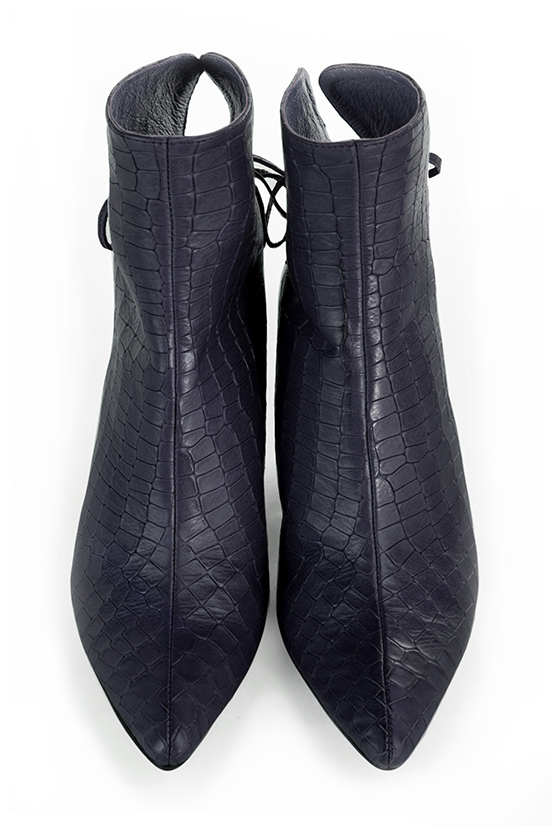 Navy blue women's ankle boots with laces at the back. Tapered toe. High block heels. Top view - Florence KOOIJMAN